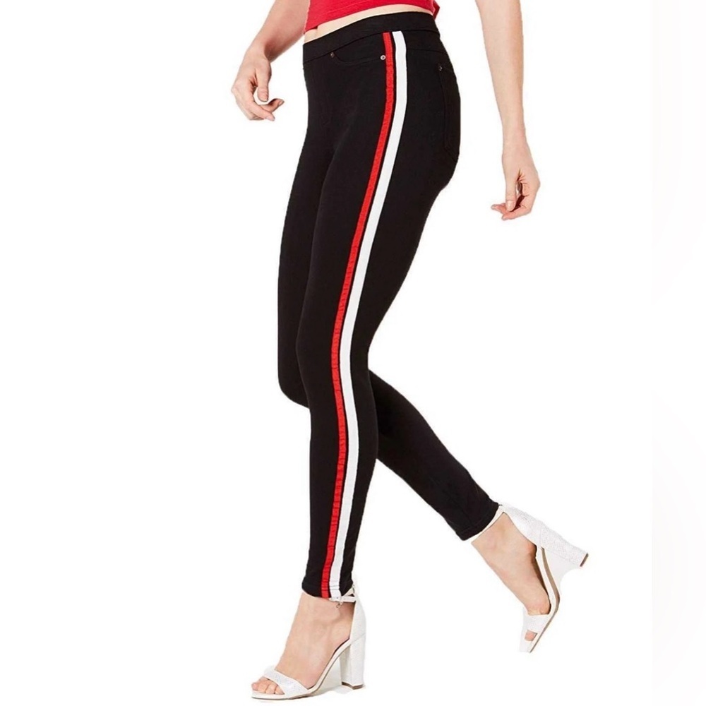Hue black jean leggings with red & white trim stripes